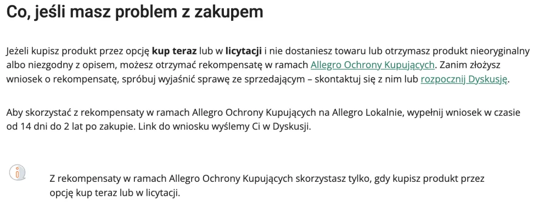 Fragment pomocy Allegro „Co, jeśli masz problem z zakupem” na Allegro Lokalnie: rekompensata w ramach Allegro Ochrony Kupujących przysługuje przy zakupie przez opcję kup teraz lub w licytacji, wniosek składa się od 14 dni do 2 lat po zakupie