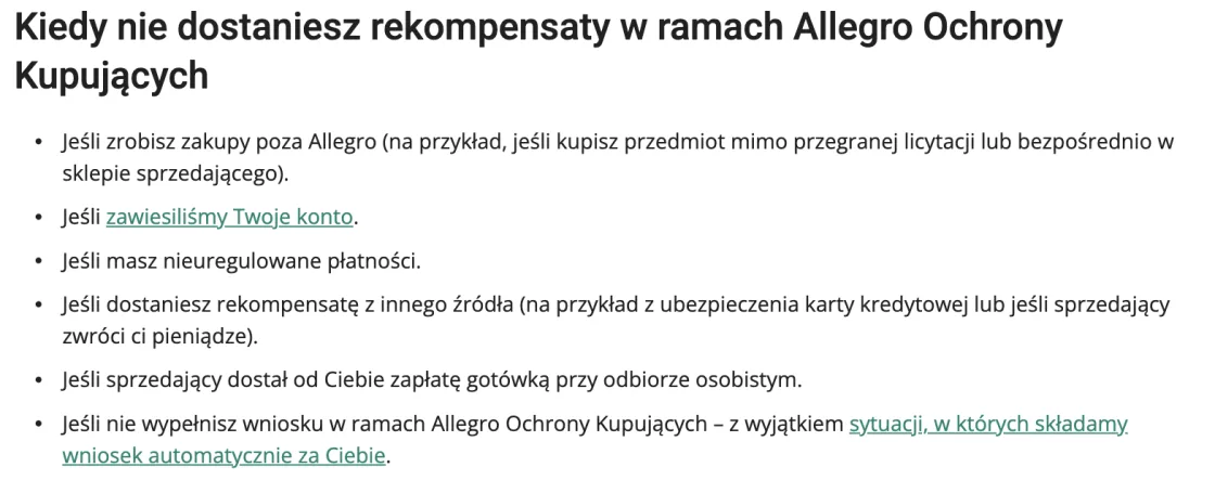 Lista wykluczeń Allegro Ochrony Kupujących: zakupy poza Allegro, zawieszone konto, nieuregulowane płatności, rekompensata z innego źródła, zapłata gotówką przy odbiorze osobistym, brak wniosku