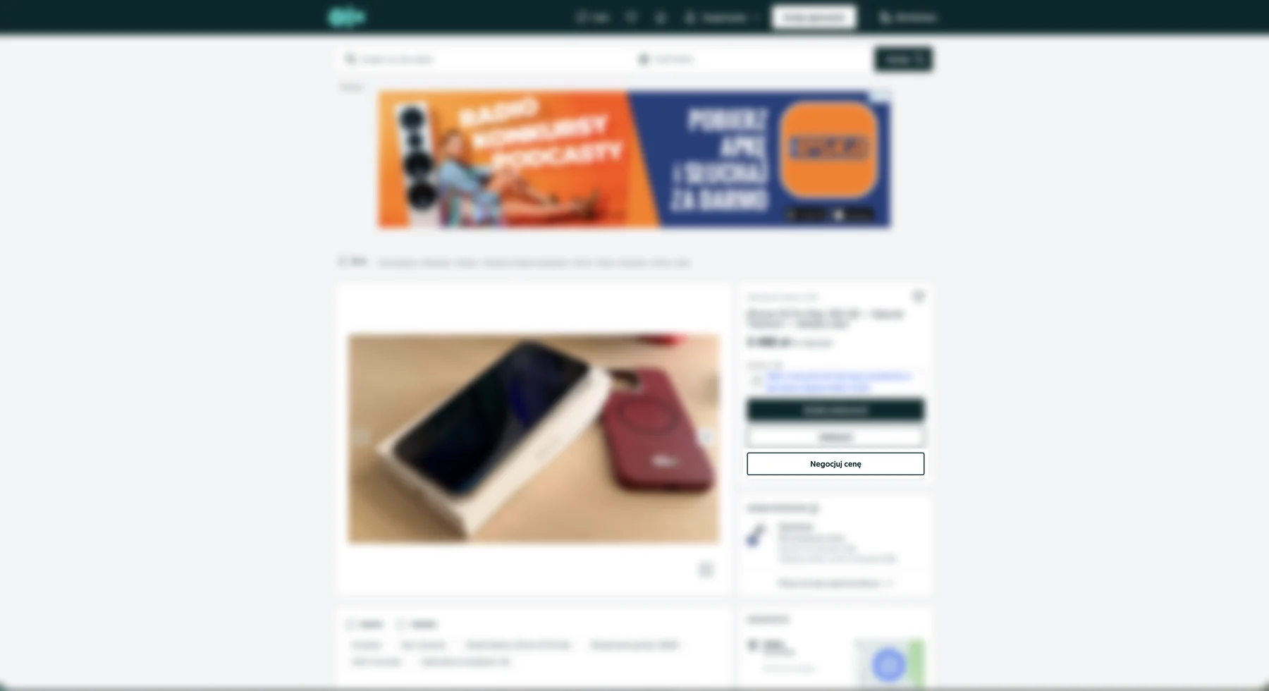 Ogłoszenie na OLX z wyróżnionym przyciskiem „Negocjuj cenę” w prawej kolumnie, pod „Wyślij wiadomość” i „Zadzwoń”